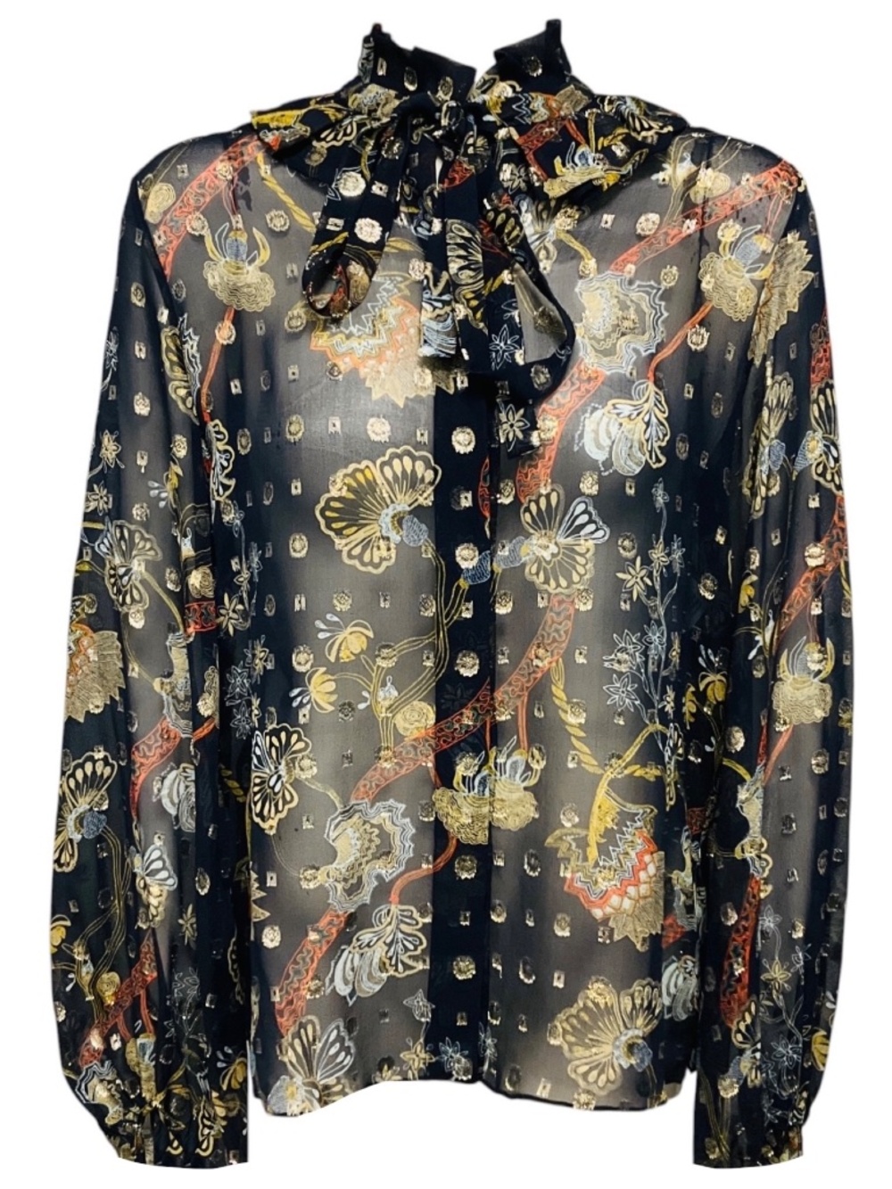 CHLOE NAVY BLUE MULTICOLOR LUREX EMBROIDERED SILK CHIFFON SHIRT